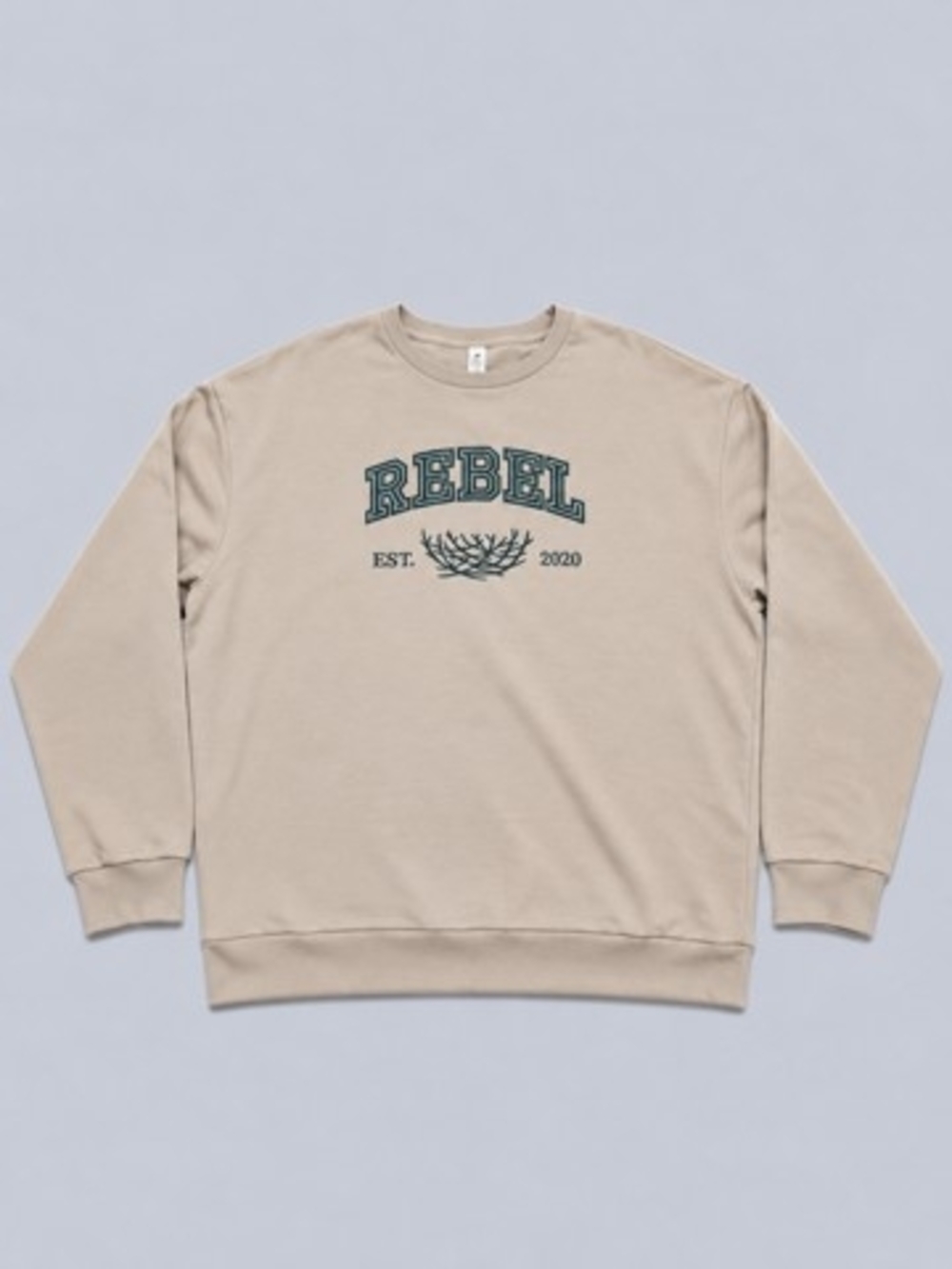 Alo Rebels Womens Crewneck Sweatshirt in Beige with Dark Green Logo